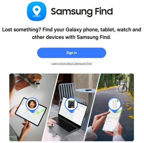 Samsung Find Web Page: Log in and follow the next steps