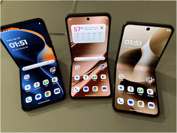 Motorola Razr 2025 foldable flip phones showing their unfolded screens and user interface on a plain background.