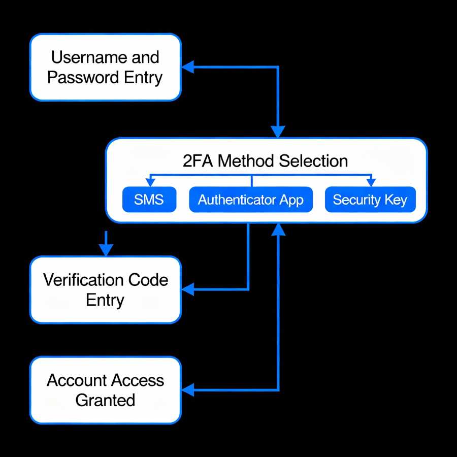 2FA authentication flowchart: login with username and password, select 2FA method (SMS, Google Authenticator app, or security key), enter verification code, access account granted