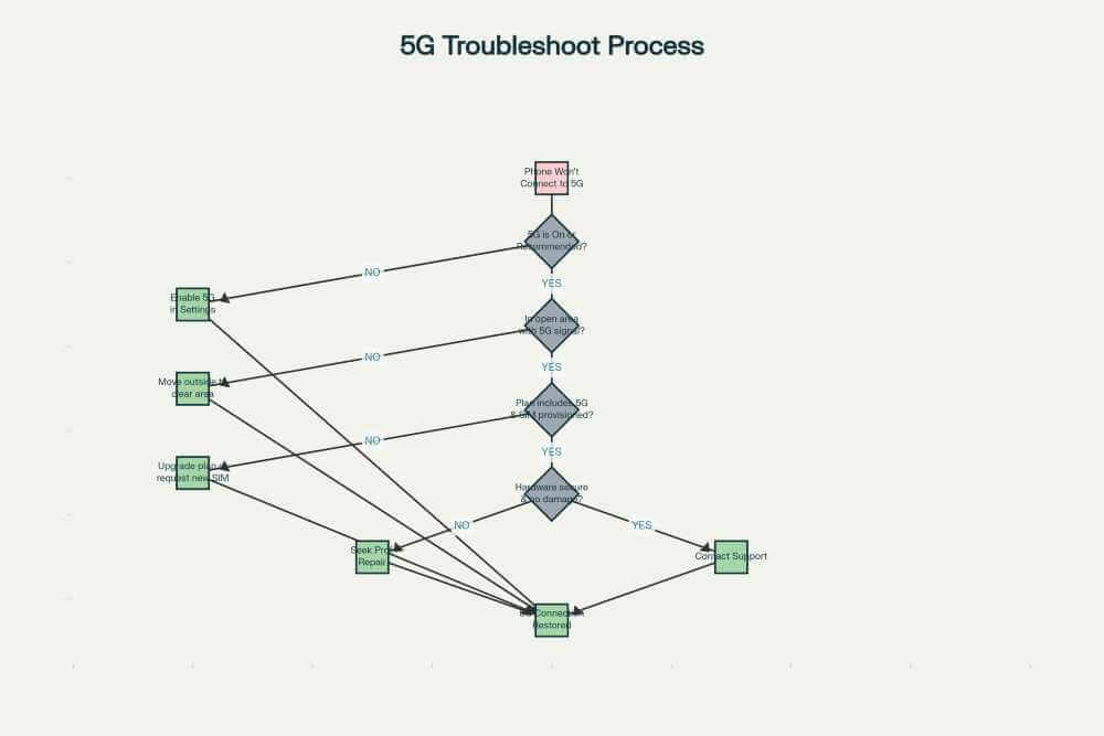 flowchart diagram showing 4-step troubleshooting process for phone 5G connectivity check settings location carrier hardware