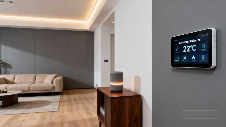 Modern smart home thermostat display with AI automation and connected device dashboard