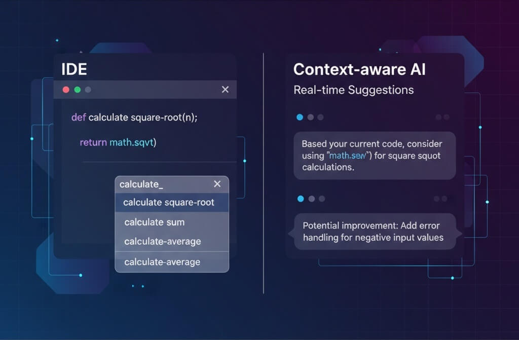 AI writing tools for developers integrated into IDE showing real-time code suggestions and autocomplete
