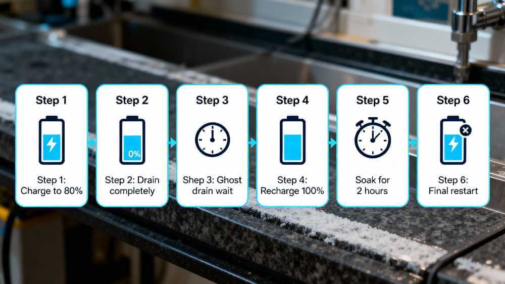 Six-step battery calibration process flowchart with numbered steps