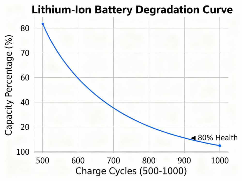 Battery capacity degradation curve chart showing decline over 500-1000 charge cycles