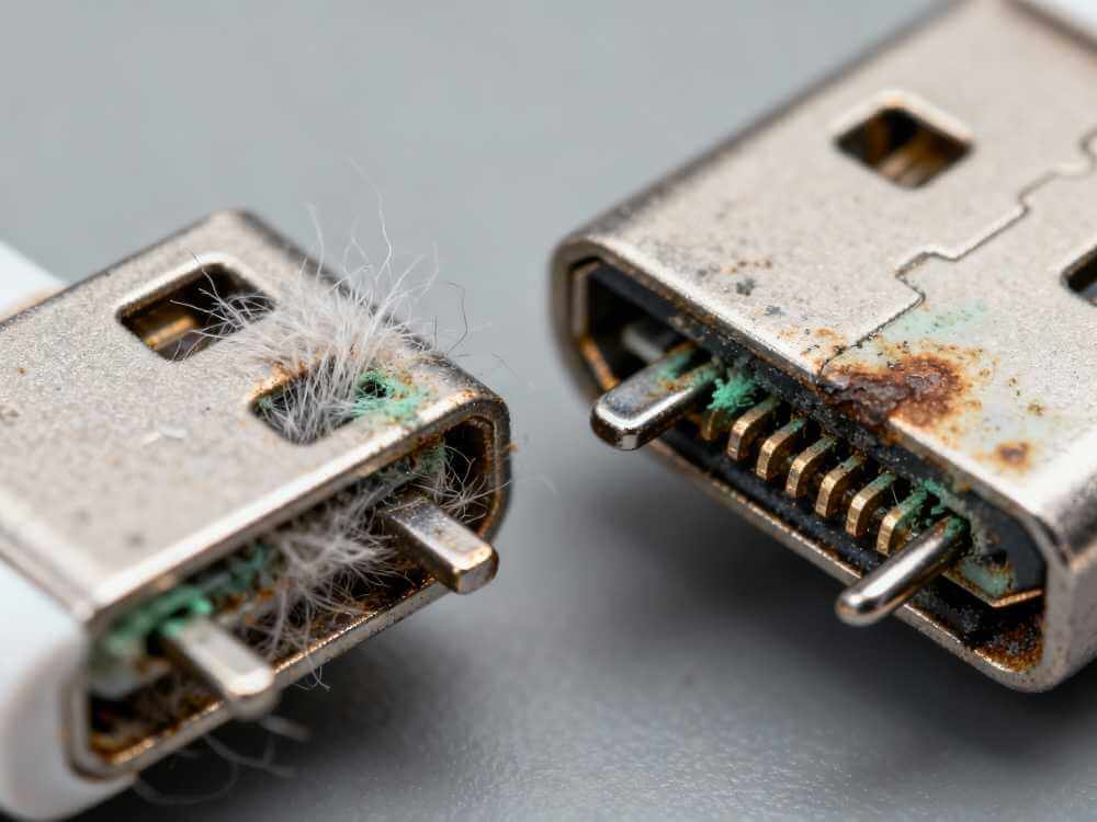 Close-up examples of charging port damage including lint corrosion and bent pins