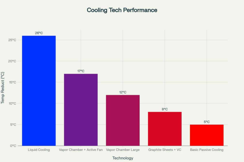Temperature reduction comparison across different smartphone cooling technologies, showing liquid cooling's superiority in heat dissipation