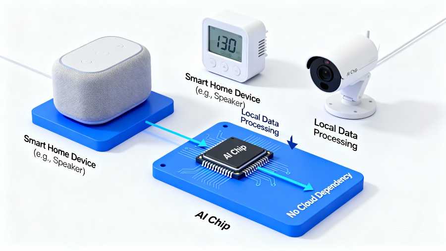 Edge computing architecture showing local AI processing on smart home devices without cloud dependency