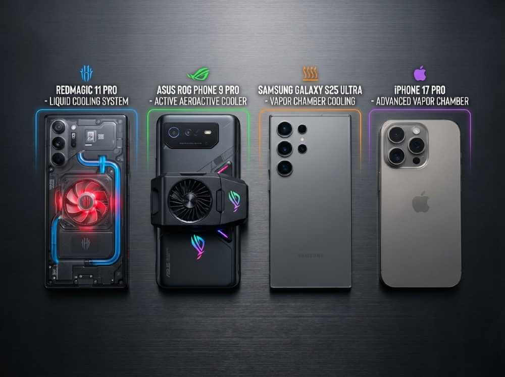 Gaming phone cooling technology comparison showing Redmagic 11 Pro liquid cooling versus ROG Phone 9 Pro active cooling and Samsung Galaxy S25 Ultra vapor chamber systems