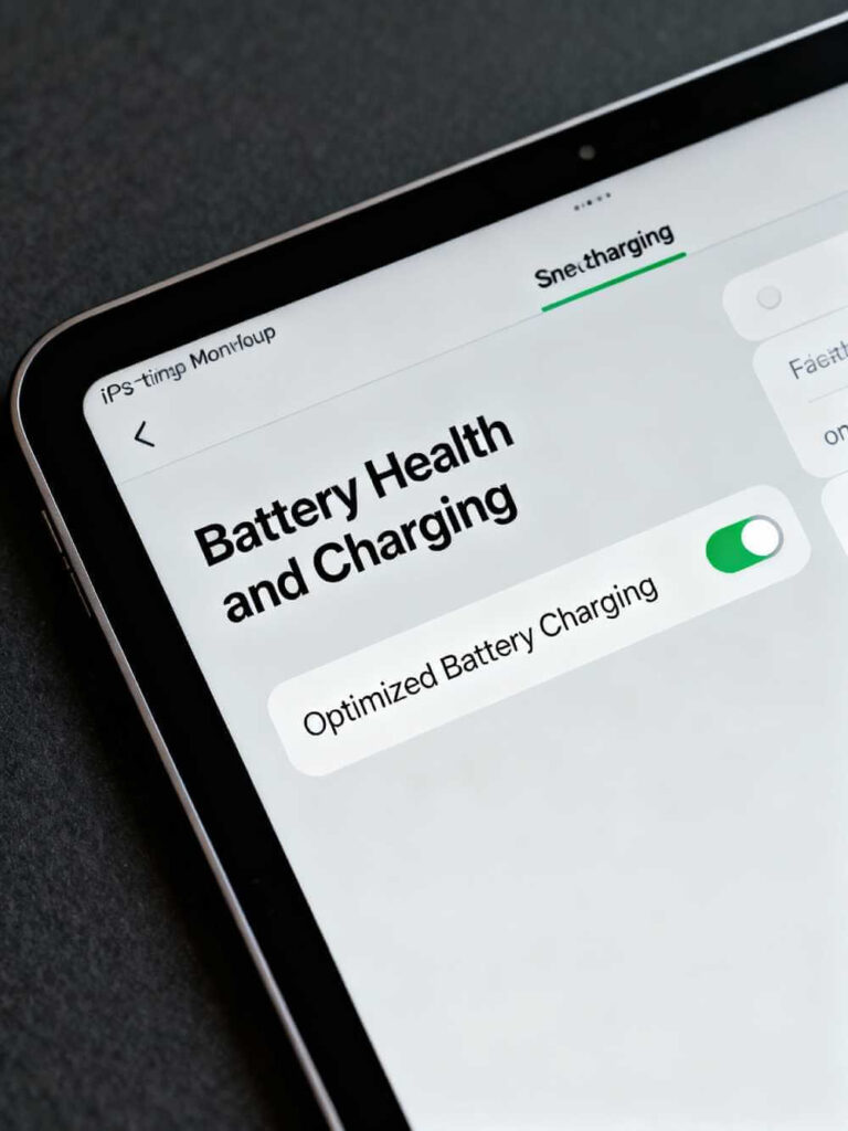 iPad iOS Settings Battery Health and Charging with Optimized Battery Charging toggle