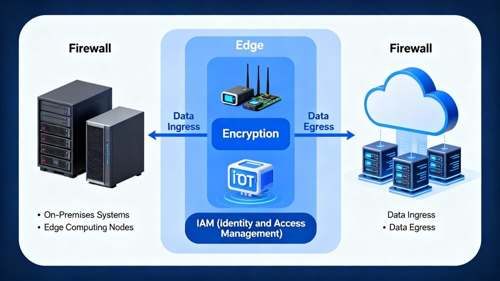 Modern IT infrastructure architecture combining cloud, edge computing, and on-premises systems with security layers