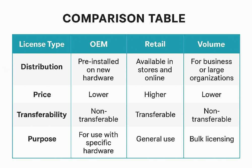 Comparison table of OEM, Retail, and Volume license types with characteristics