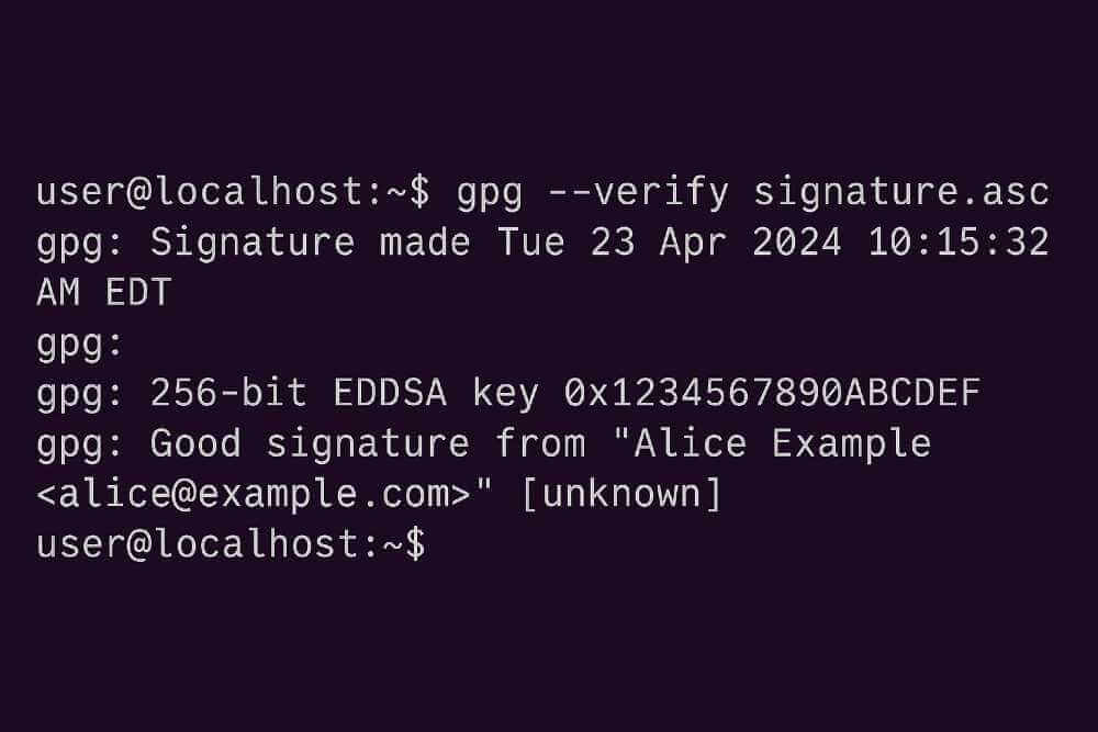 Linux terminal screenshot showing GPG signature verification commands and output