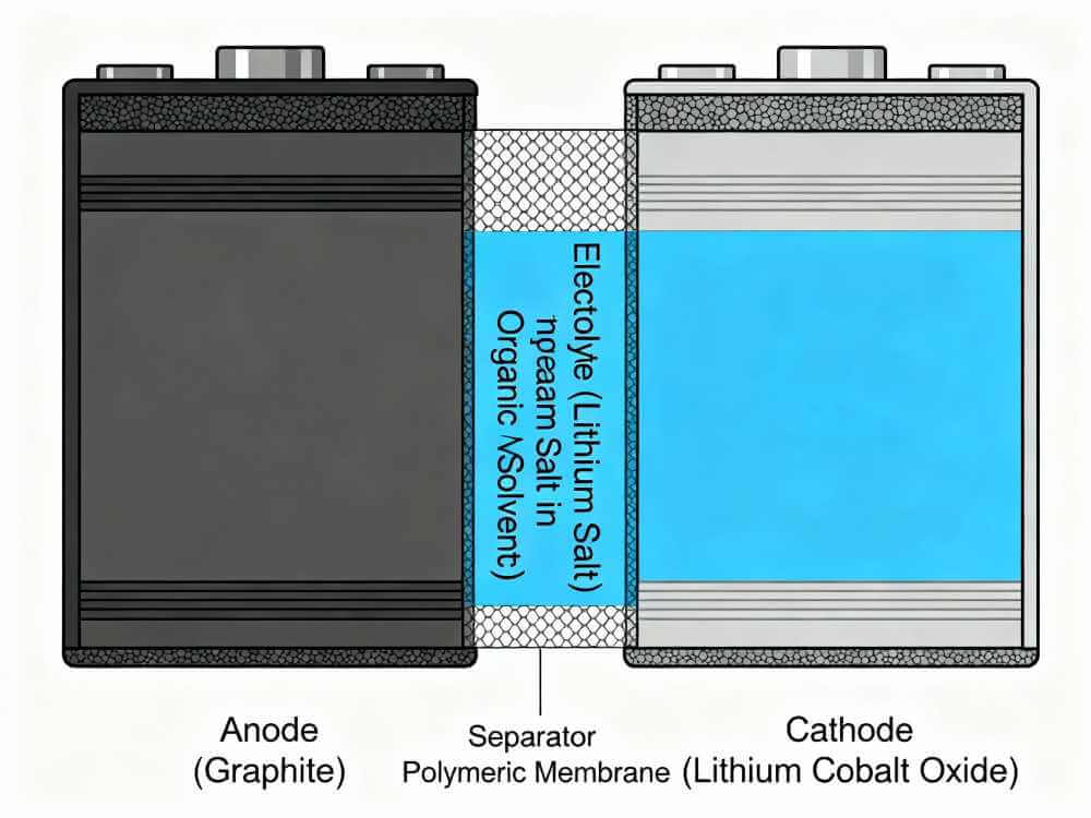 Lithium-ion battery internal structure diagram with labeled components