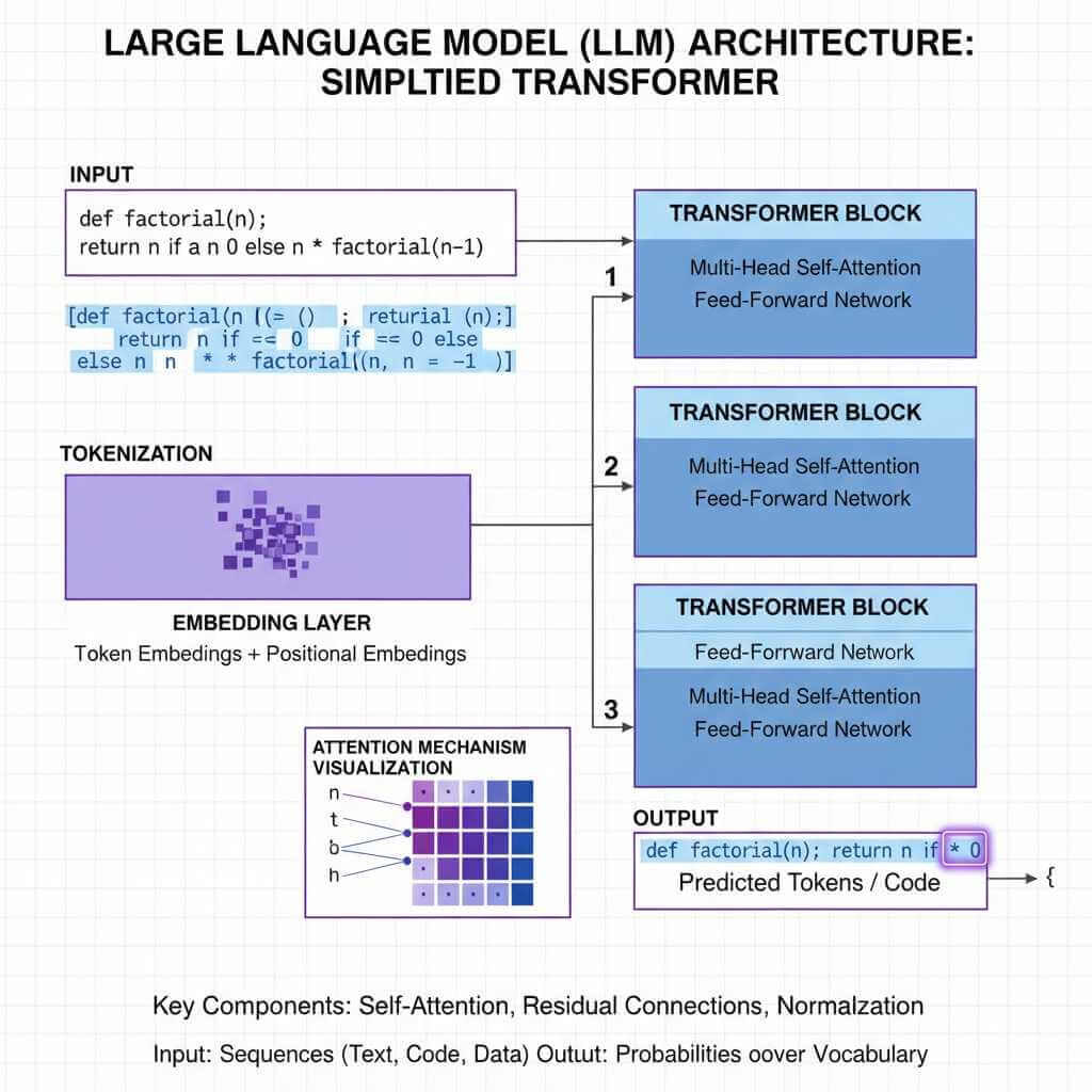 Large Language Model (LLM) transformer architecture diagram showing how AI writing tools for developers process code through tokenization, embeddings, and attention mechanisms