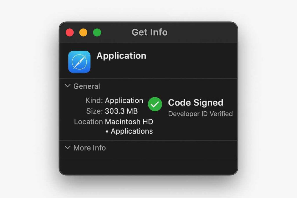 macOS Get Info window showing Code Signed status and Developer ID verification