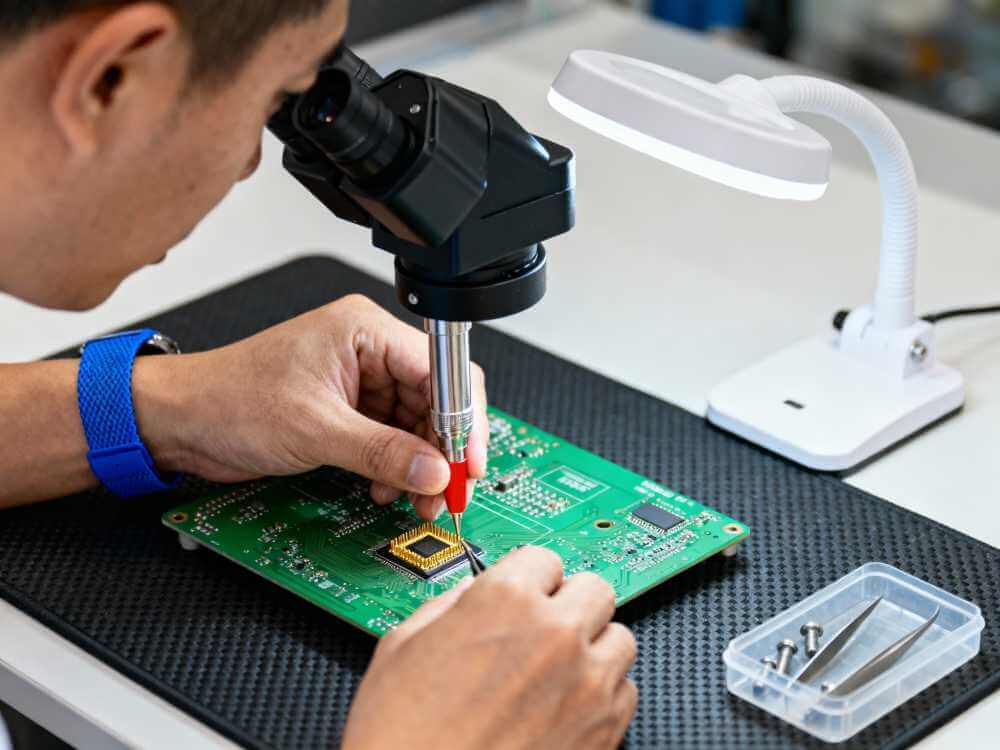 Technician performing microsoldering repair on logic board with microscope and soldering iron