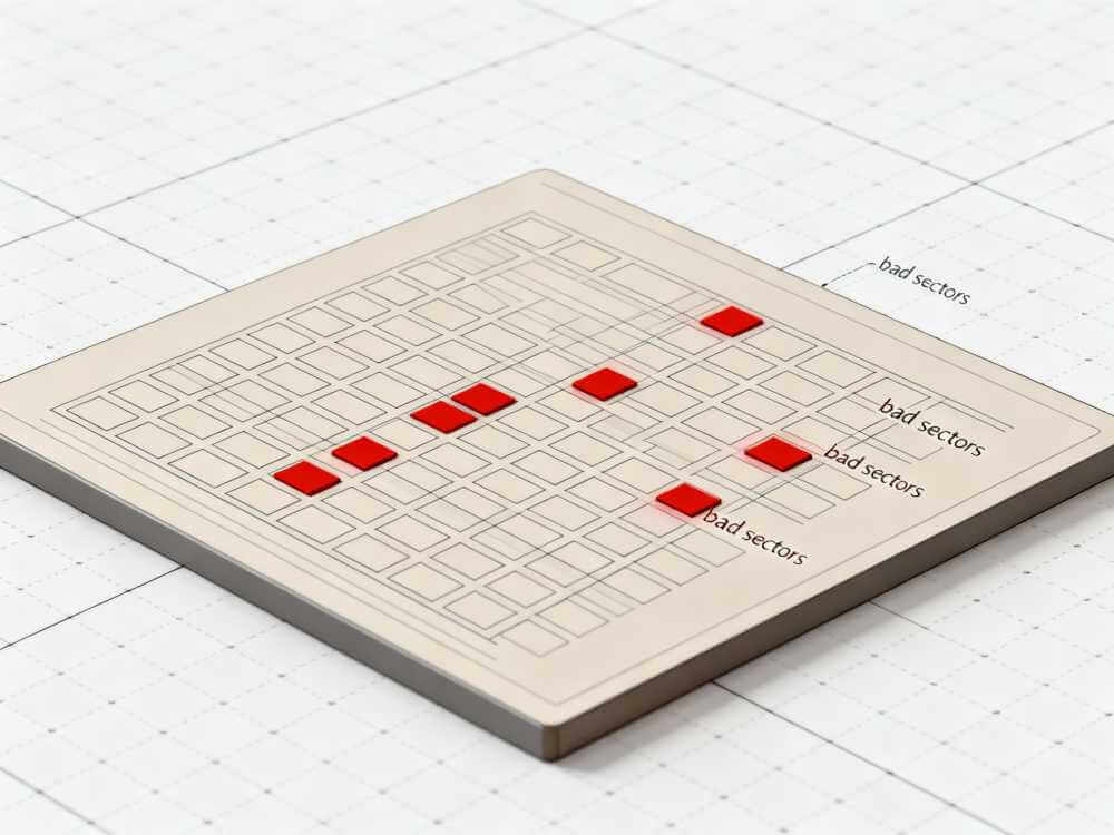Diagram of NAND storage chip with highlighted bad sectors causing failed OTA update installation