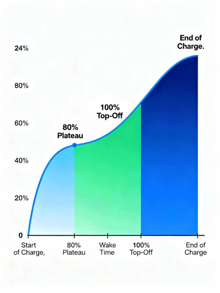 Smart charging timeline infographic showing 80 percent plateau and final top-off