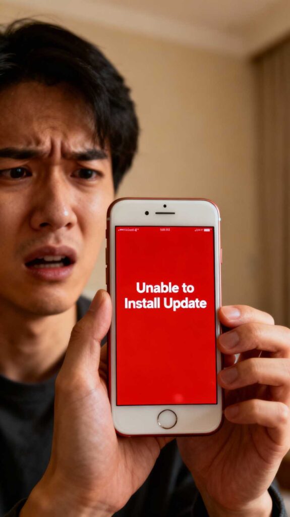 Frustrated user looking at iPhone error message 'Unable to Install Update' after OTA update failure