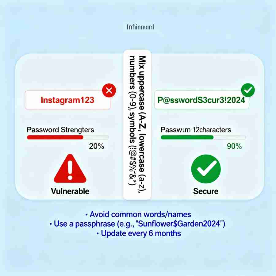 Password security requirements infographic: weak password example (Instagram123) versus strong password with 12+ characters including uppercase, lowercase, numbers, and symbols; password strength meter showing vulnerability to vulnerability levels