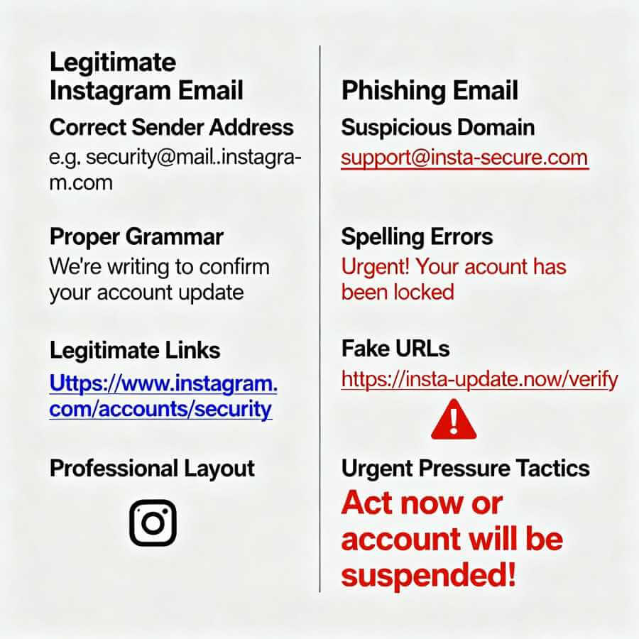 Phishing email vs legitimate email comparison: legitimate shows verified sender (instagram.com), proper grammar, legitimate links, professional tone; phishing shows suspicious sender (lnstagram.com with capital I), spelling errors, fake links, urgent pressure language and red flag warnings