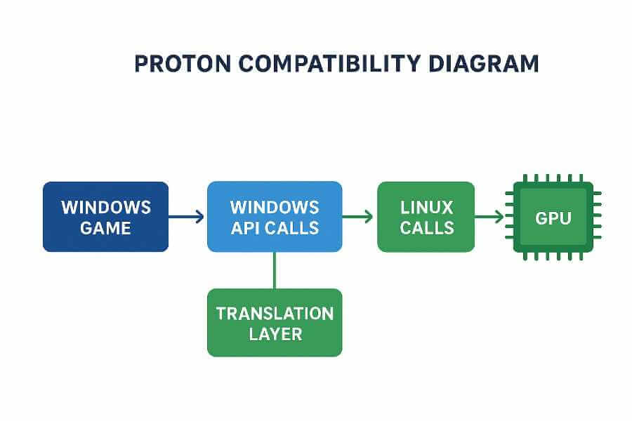 Technical diagram showing how Proton compatibility layer translates Windows games to run on Linux-based SteamOS systems