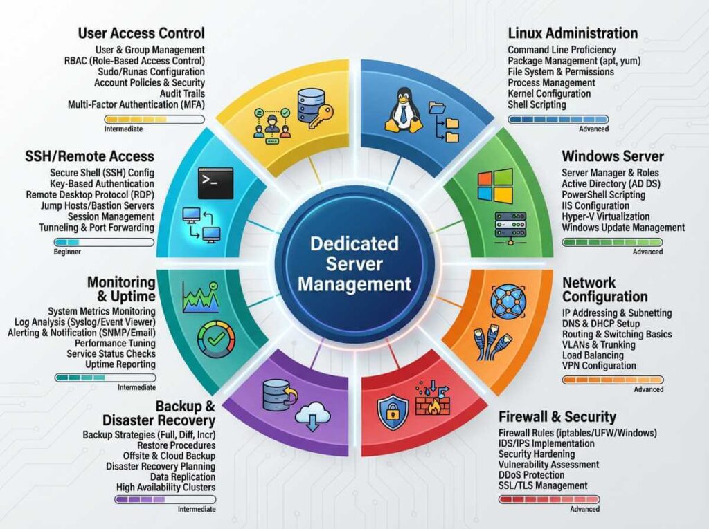 Dedicated server management skills including Linux administration, Windows Server, network configuration, firewall security, backup, and monitoring requirements