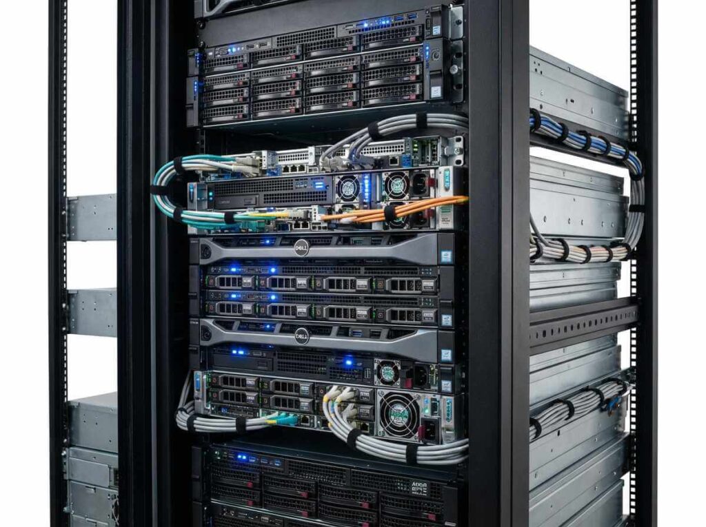 Dedicated server hardware in a data center rack showing modern Intel Xeon and AMD EPYC servers with network connectivity