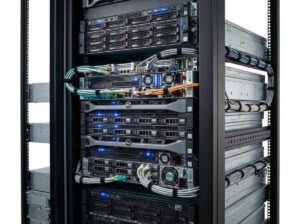 Dedicated server hardware in a data center rack showing modern Intel Xeon and AMD EPYC servers with network connectivity