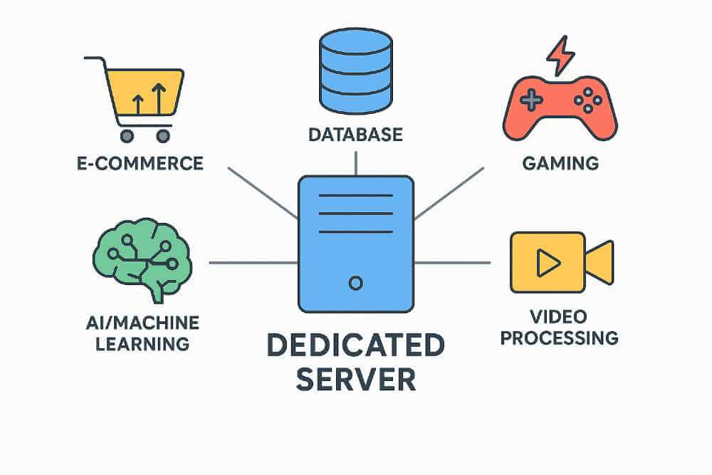 Dedicated physical server use cases including e-commerce, gaming, AI workloads, video processing, and database applications with uptime requirements