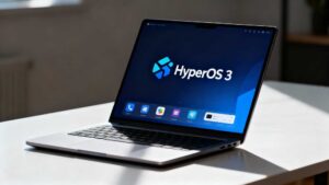 Open laptop displaying HyperOS operating system interface with HyperOS 3 logo prominently featured as the desktop wallpaper