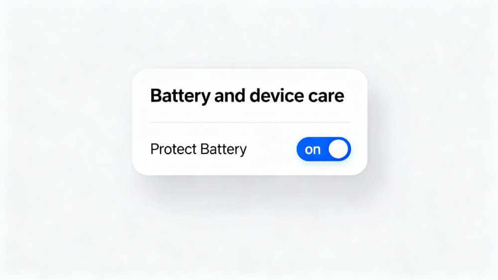 Samsung Galaxy tablet settings showing Protect Battery toggle in Battery and device care