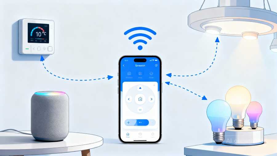 Smart home IoT devices including smartphone, thermostat, smart speaker, and lighting system connected through AI integration