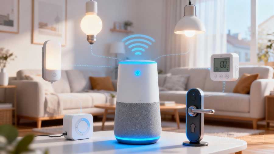Smart speaker voice assistant controlling multiple smart home IoT devices through voice commands