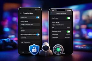 Smartphone with proxy configuration menu and security shield icon indicating internet privacy protection
