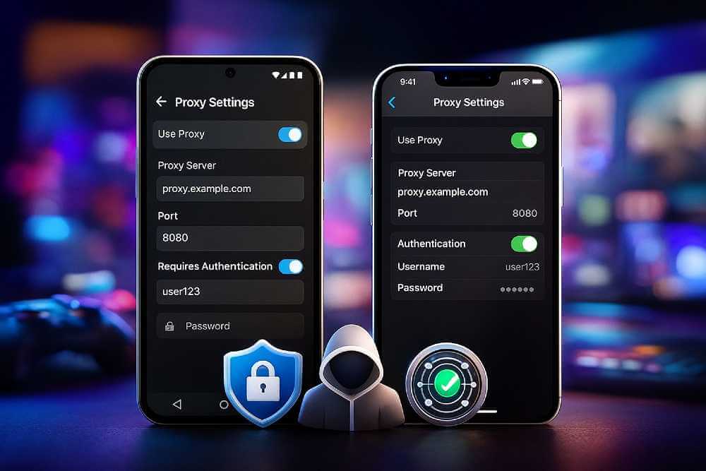 Smartphone with proxy configuration menu and security shield icon indicating internet privacy protection