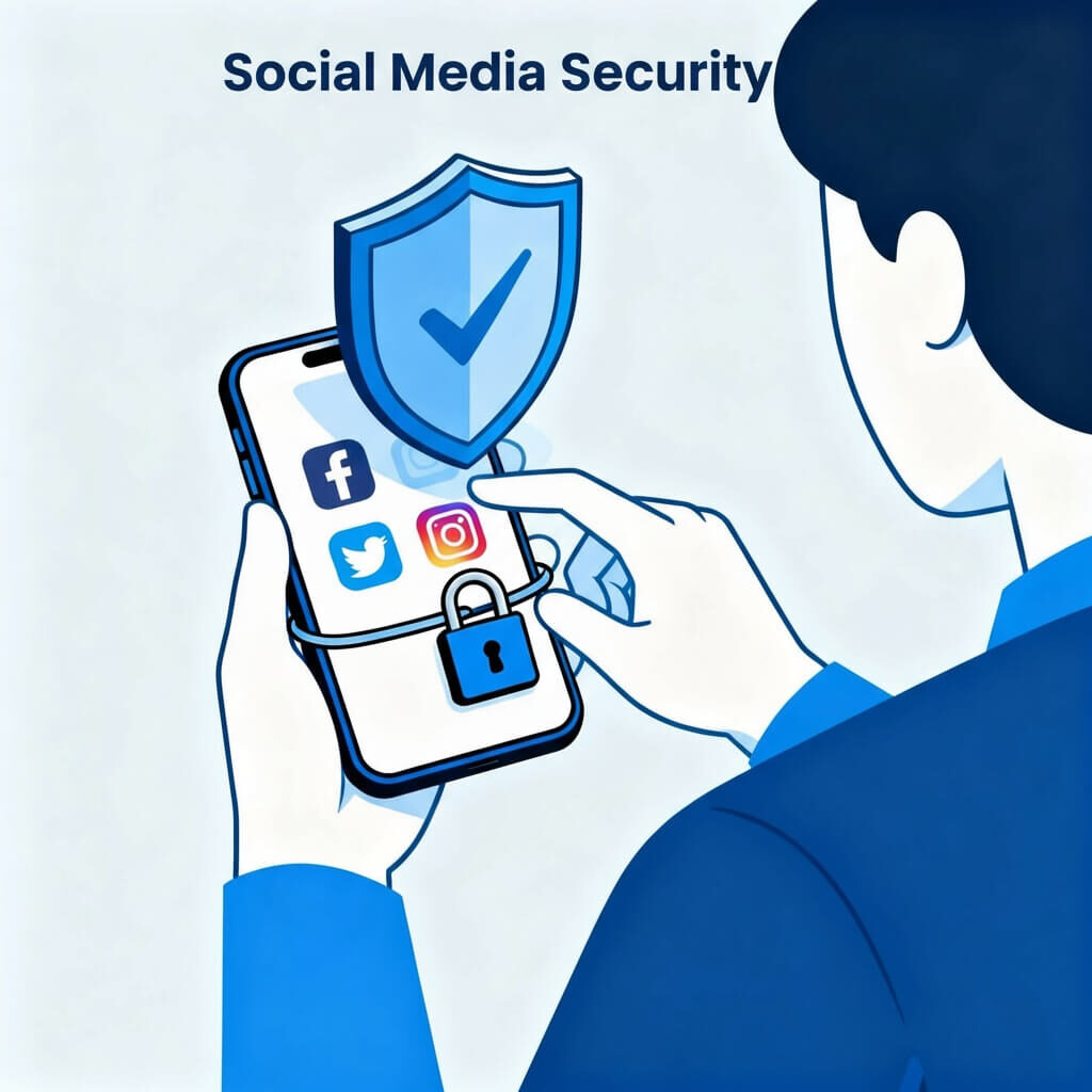 Social Media Security title with smartphone protected by padlock and shield icon representing comprehensive account protection