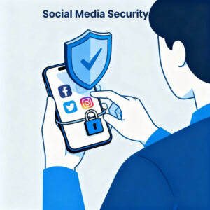 Social Media Security title with smartphone protected by padlock and shield icon representing comprehensive account protection