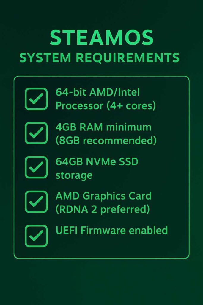 SteamOS system requirements checklist including AMD processor, NVMe SSD, RAM, graphics card compatibility, and UEFI firmware specifications