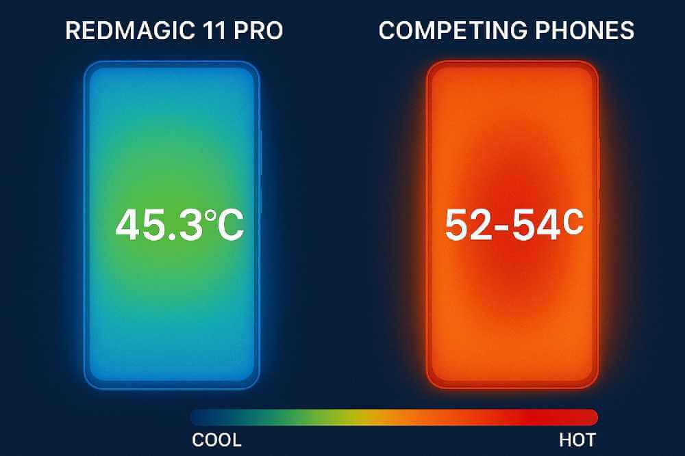Thermal temperature comparison chart showing Redmagic 11 Pro achieving 45.3 degrees Celsius versus competitor phones reaching 52-54 degrees Celsius during gaming