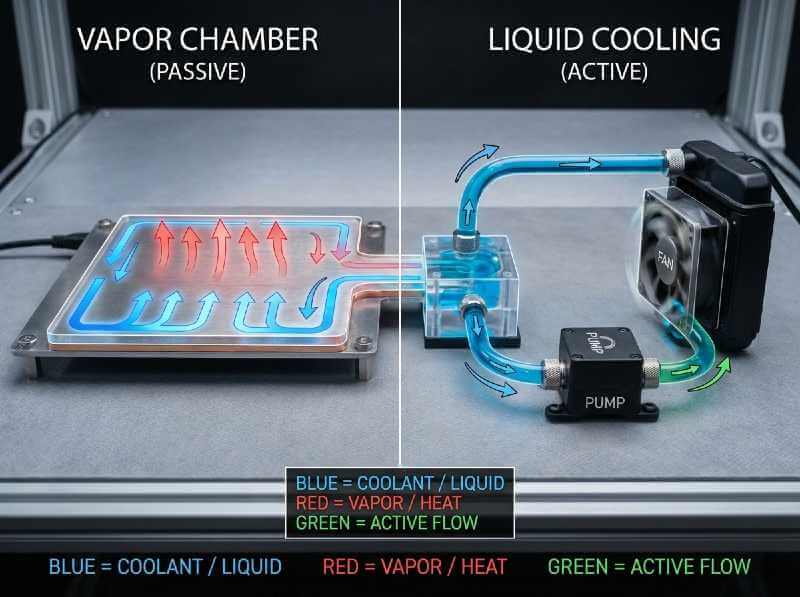 Comparison diagram showing vapor chamber passive cooling versus liquid cooling active thermal management systems in smartphones