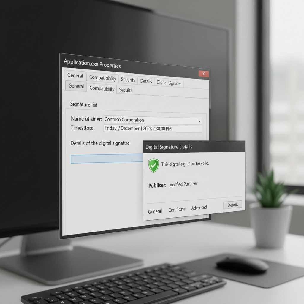 Windows Properties window showing valid digital signature and publisher verification