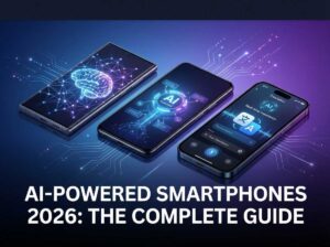 Hero image showing premium AI-powered smartphones for 2026 including Samsung Galaxy S25 Ultra, Google Pixel 10 Pro, and Apple iPhone 17 Pro Max with AI features visualized