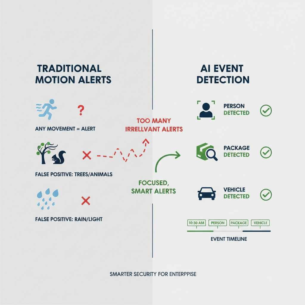 Diagram explaining AI Security Cameras 2025: motion alerts vs AI event detection and tagging
