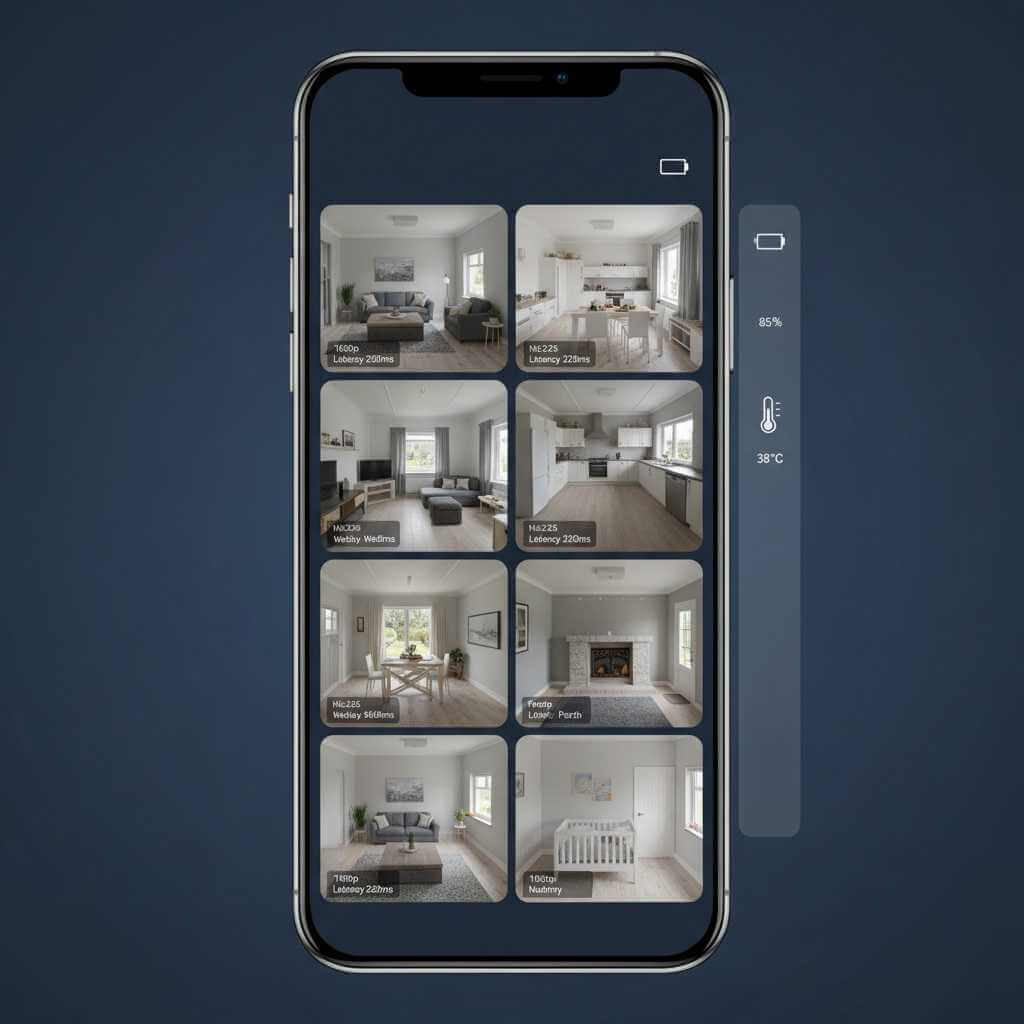 AI Security Cameras 2025 multi-camera live view on a flagship phone with low-latency streaming
