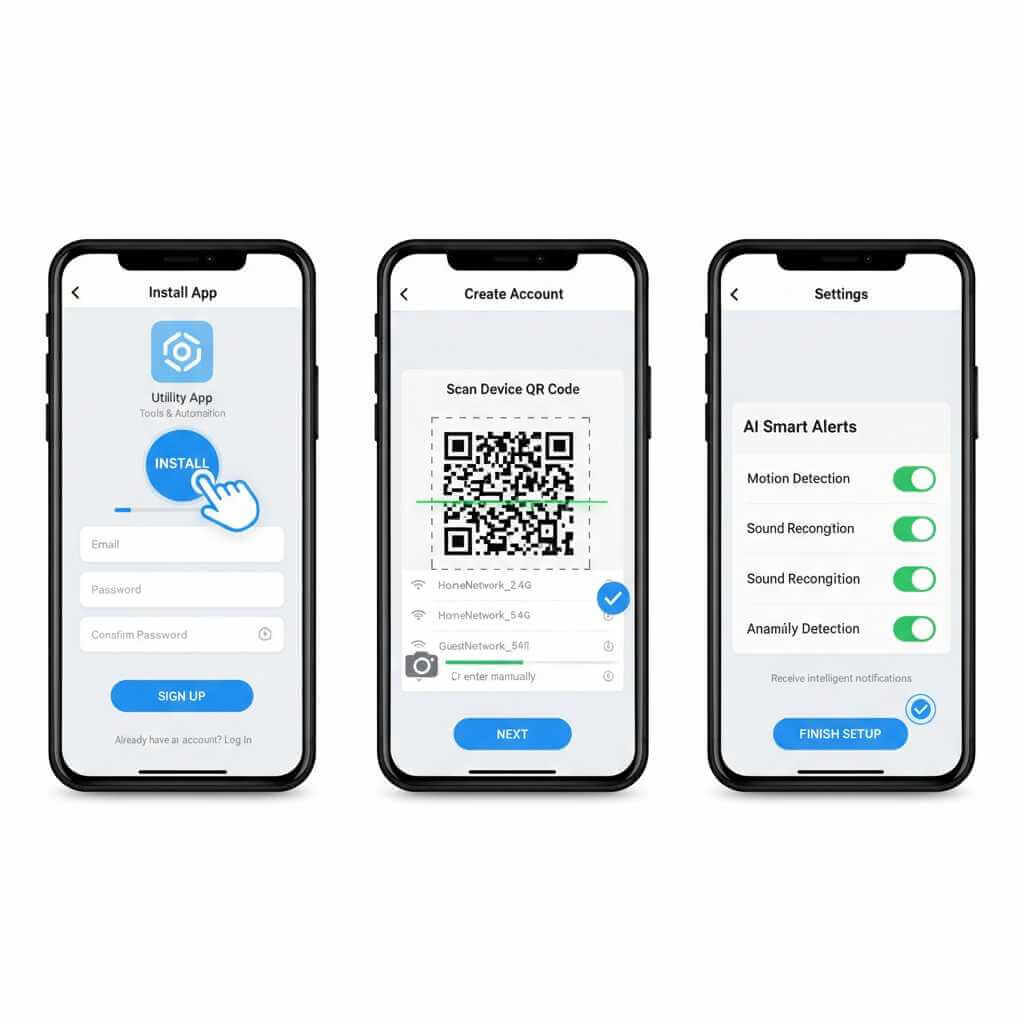 AI Security Cameras 2025 setup steps on a smartphone: QR pairing, Wi‑Fi, and AI alerts