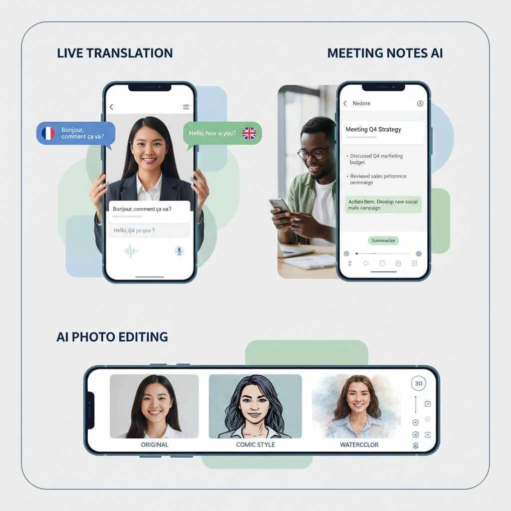Real-world AI smartphone use cases showing live translation for business calls, AI meeting transcription and summarization, and AI-powered photo editing features