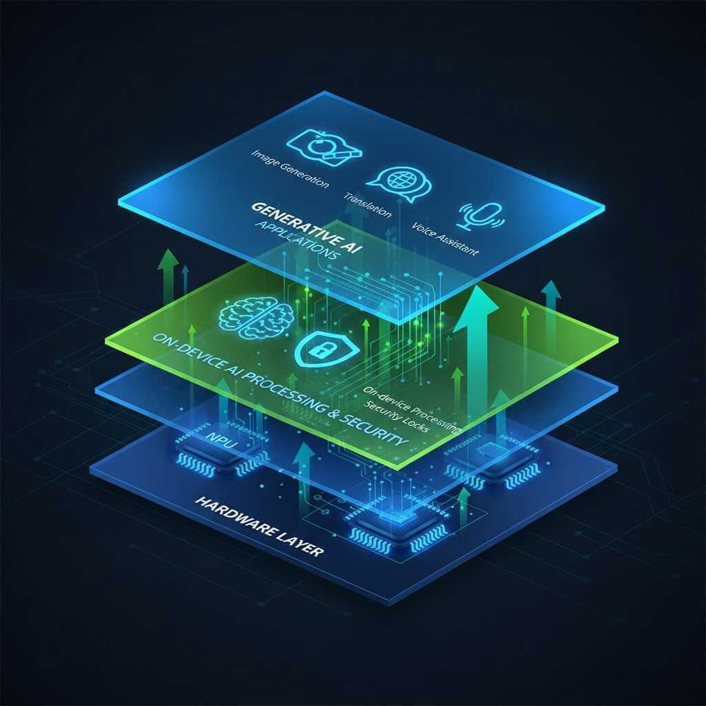 AI-powered smartphone technology architecture showing Neural Processing Units (NPUs), on-device AI processing layer, and generative AI applications stack