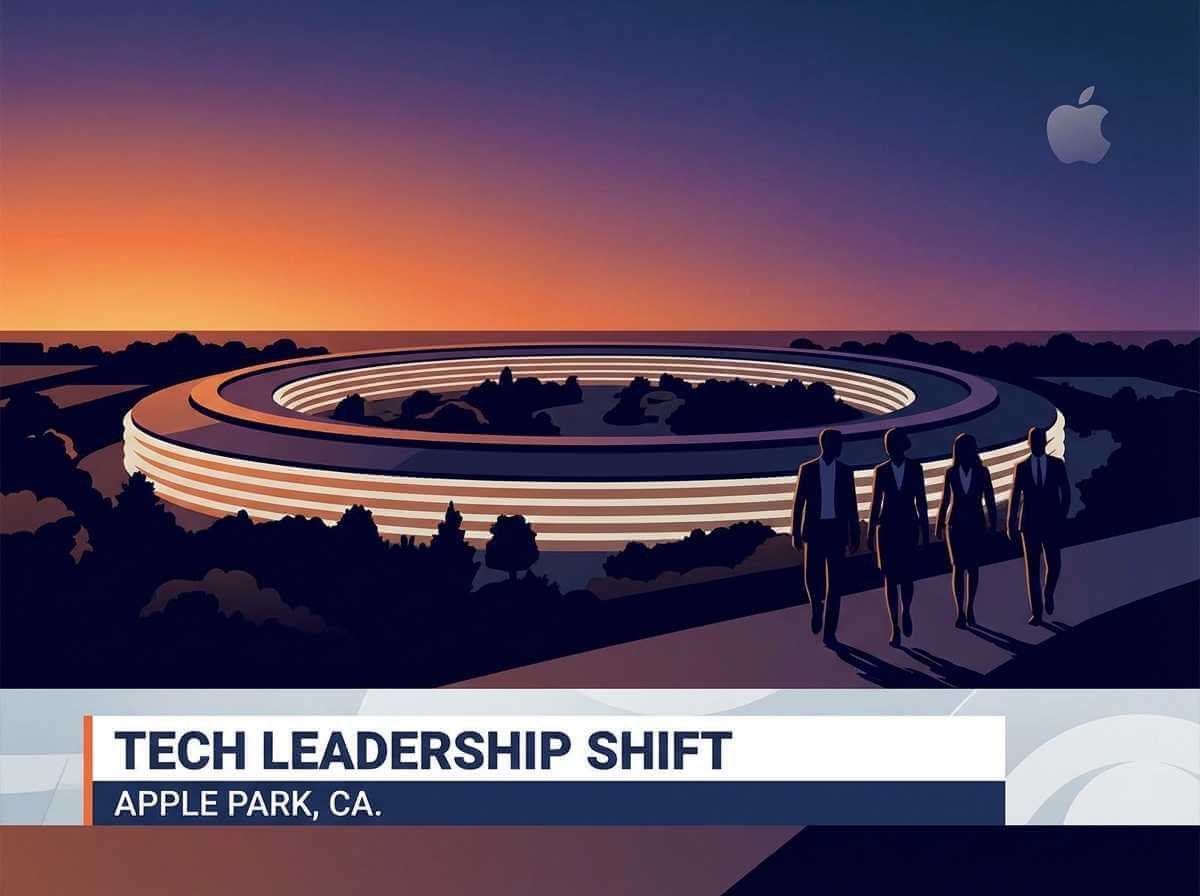 Illustration of four senior Apple executives leaving Apple Park during an executive shakeup