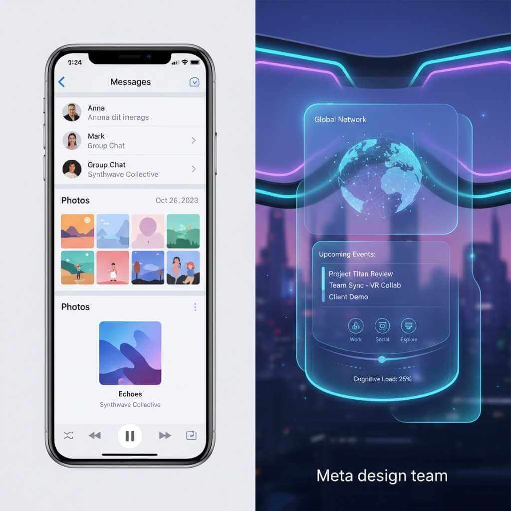 Split illustration contrasting Apple’s familiar iPhone UI with Meta’s futuristic mixed‑reality interface